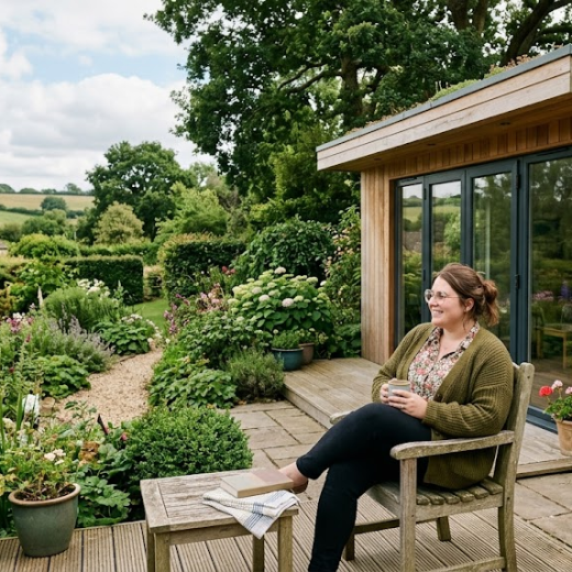 Woman relaxing with coffee in a garden patio, surrounded by greenery and wooden garden room in scenic countryside setting