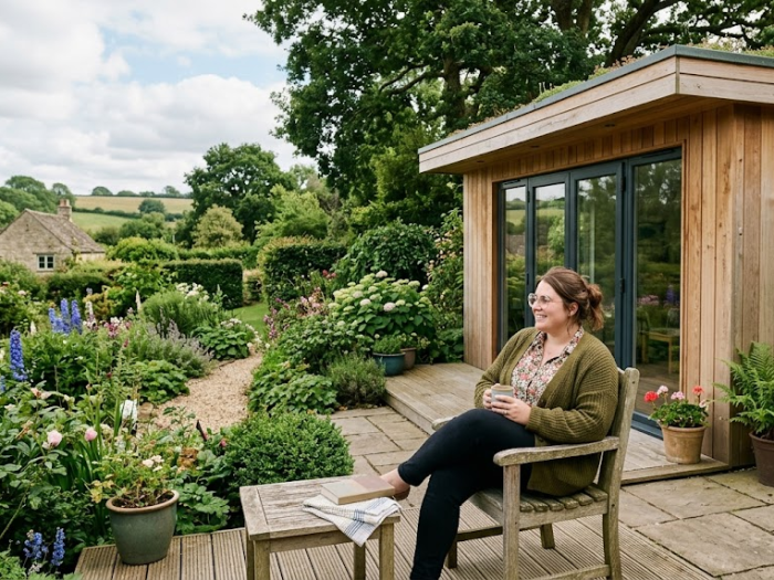 Woman relaxing with coffee in a garden patio, surrounded by greenery and wooden garden room in scenic countryside setting