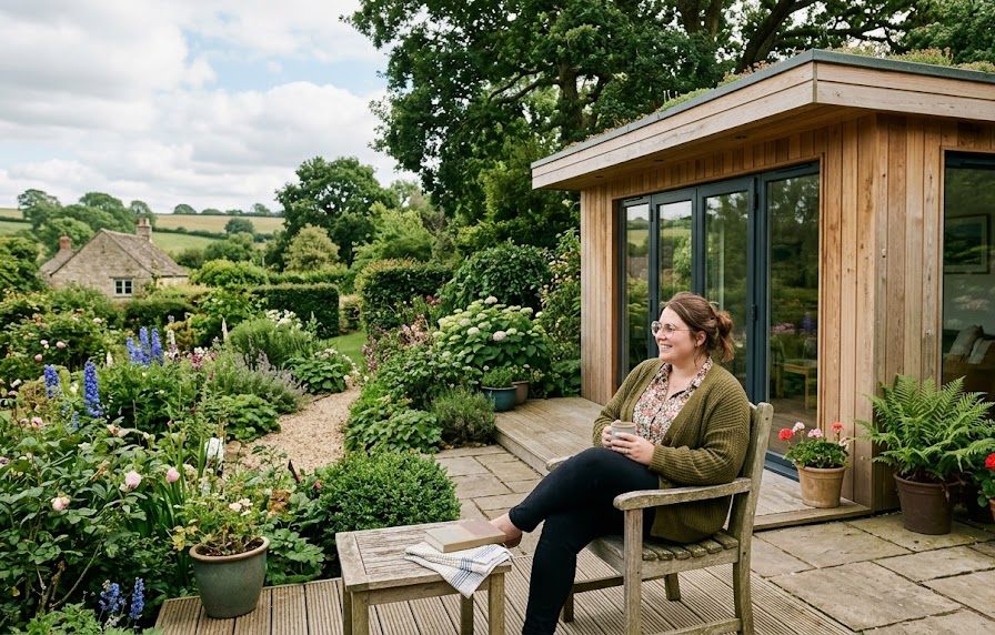 Woman relaxing with coffee in a garden patio, surrounded by greenery and wooden garden room in scenic countryside setting